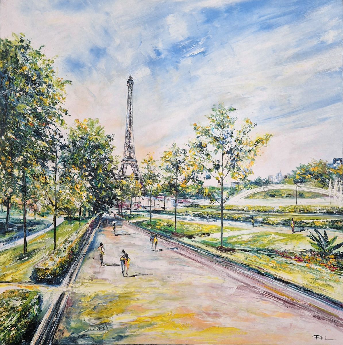 Peinture abstraite format xxl jaune et vert Jardins du Trocadéro, Paris – PHIL – 90 × 90 cm
