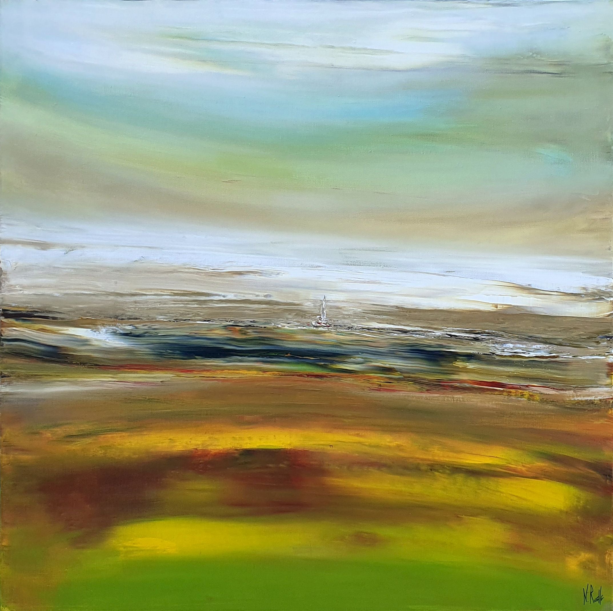Peinture abstraite format xxl LE LONG VOYAGE – RUELLE NICOLAS – 100 × 100 cm