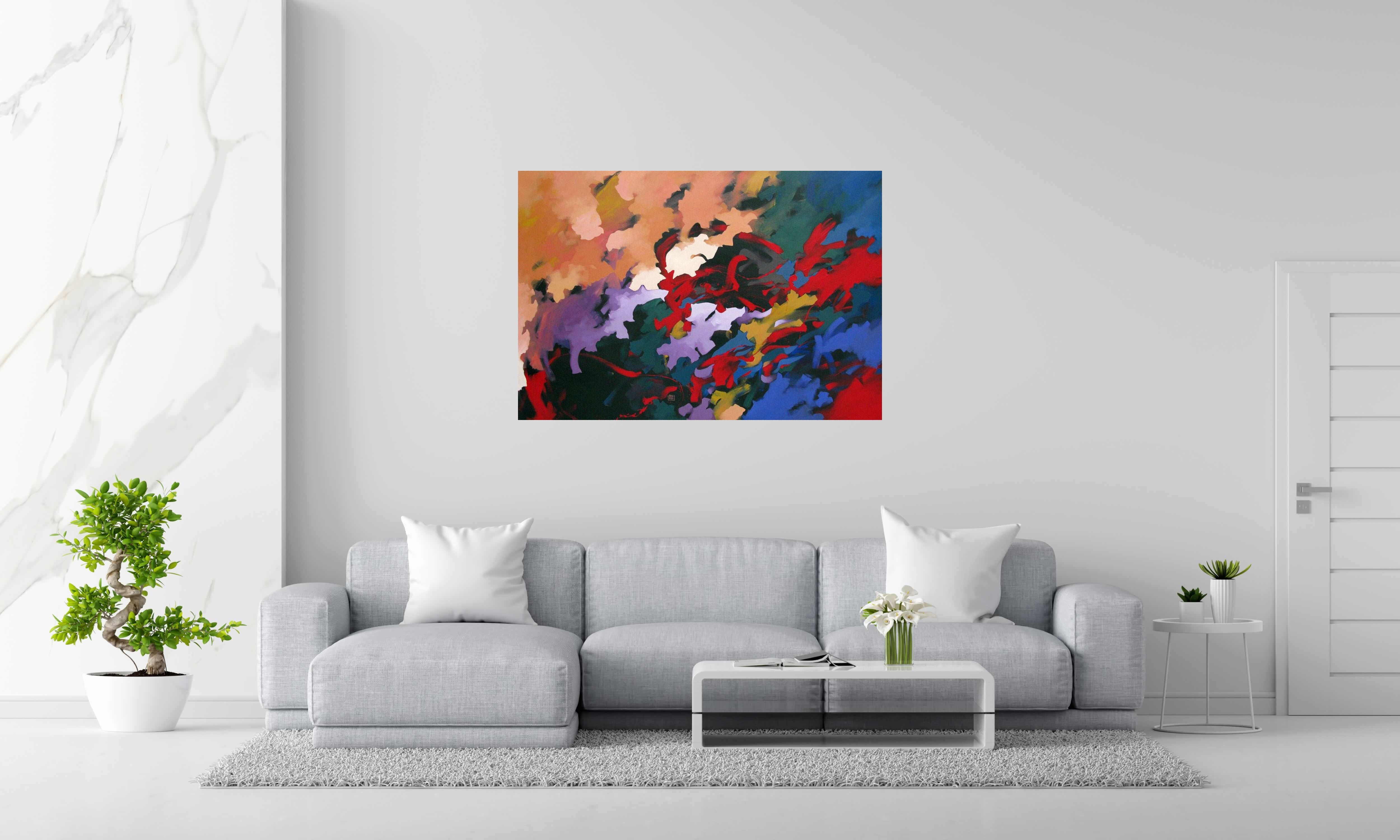 Peinture THE SCREAM OF THE BUTTERFLY de BRUNEAU dans un intérieur – 89 × 130 cm