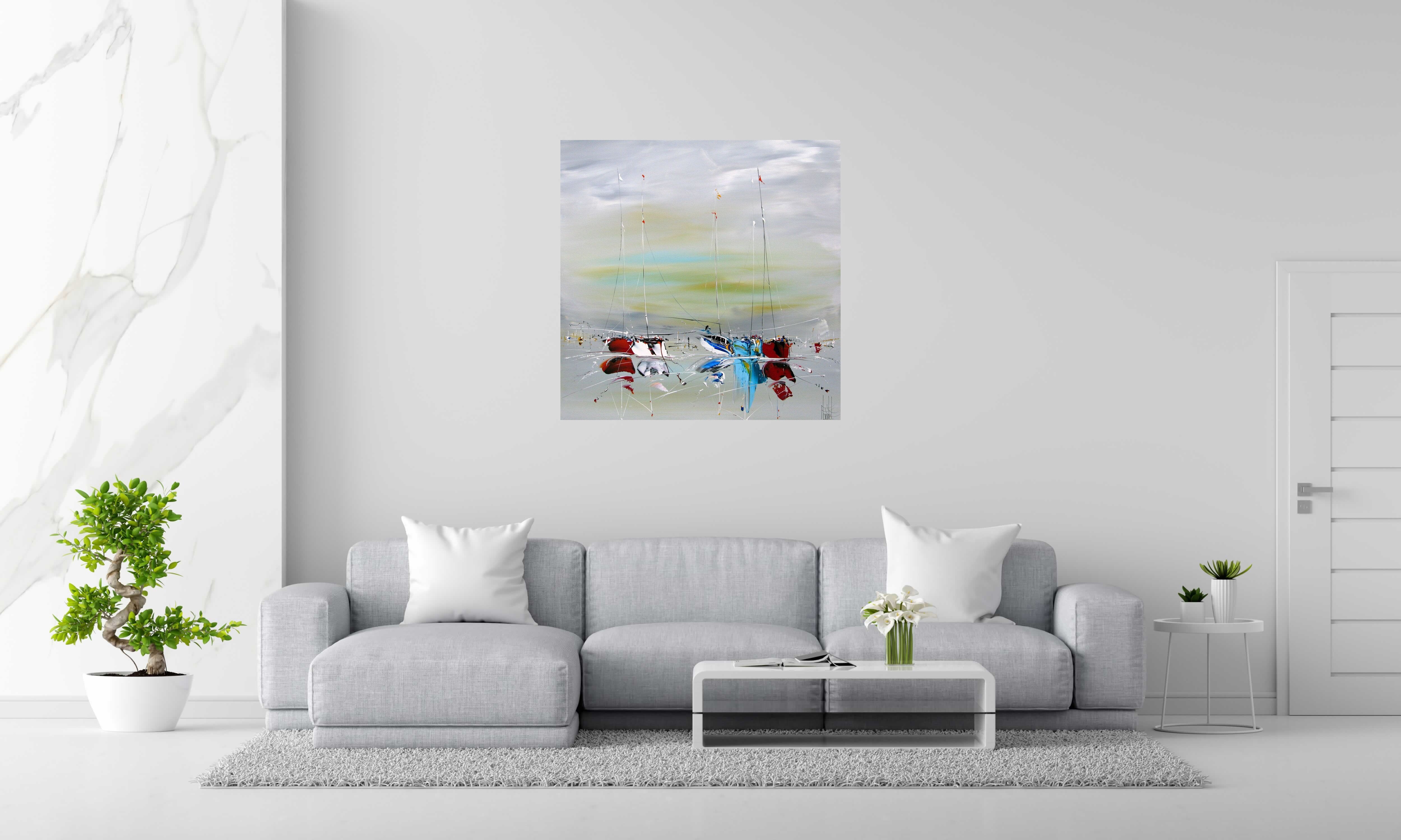 Peinture MARINE ABSTRAITE 2022-15 de F. BOUTET dans un intérieur – 100 × 100 cm