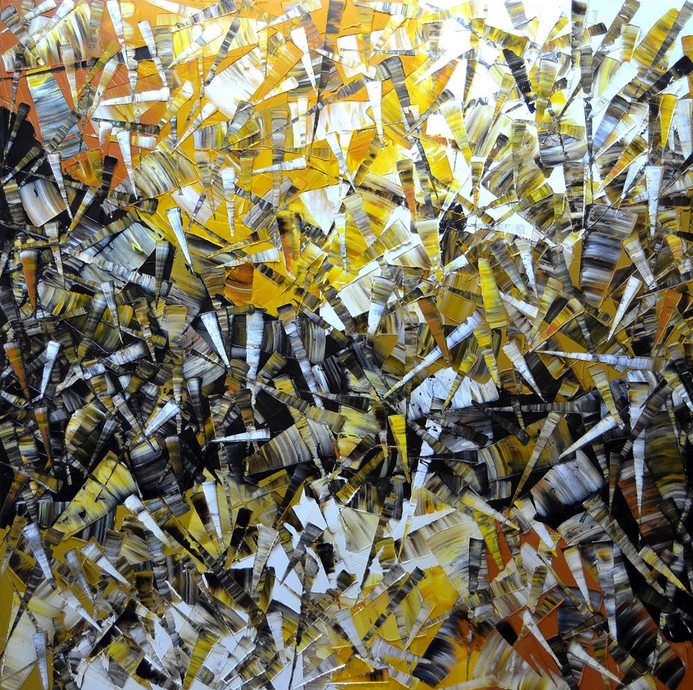 Peinture abstraite grand format jaune et noir PEINTURE 10-2021-72 – ALAIN BECANNE – 100 × 100 cm