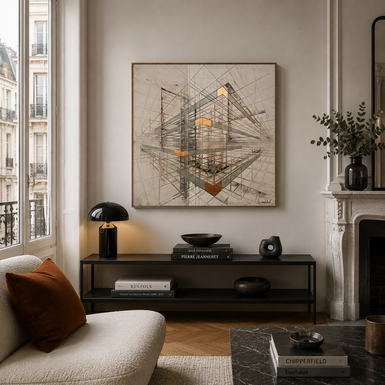 Peinture AXIS de LUDOVIC MERCHER dans un intérieur – 80 × 80 cm