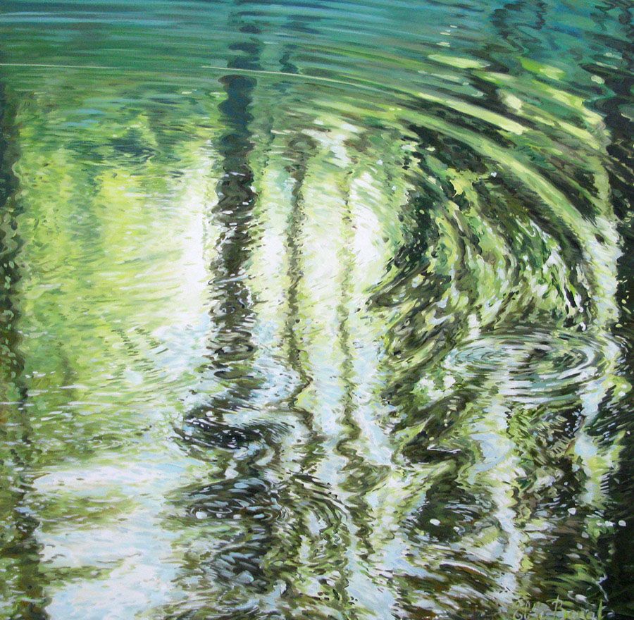 Peinture abstraite grand format vert PLONGEON AU PLANEY XI – ELISE BARAT – 100 × 100 cm