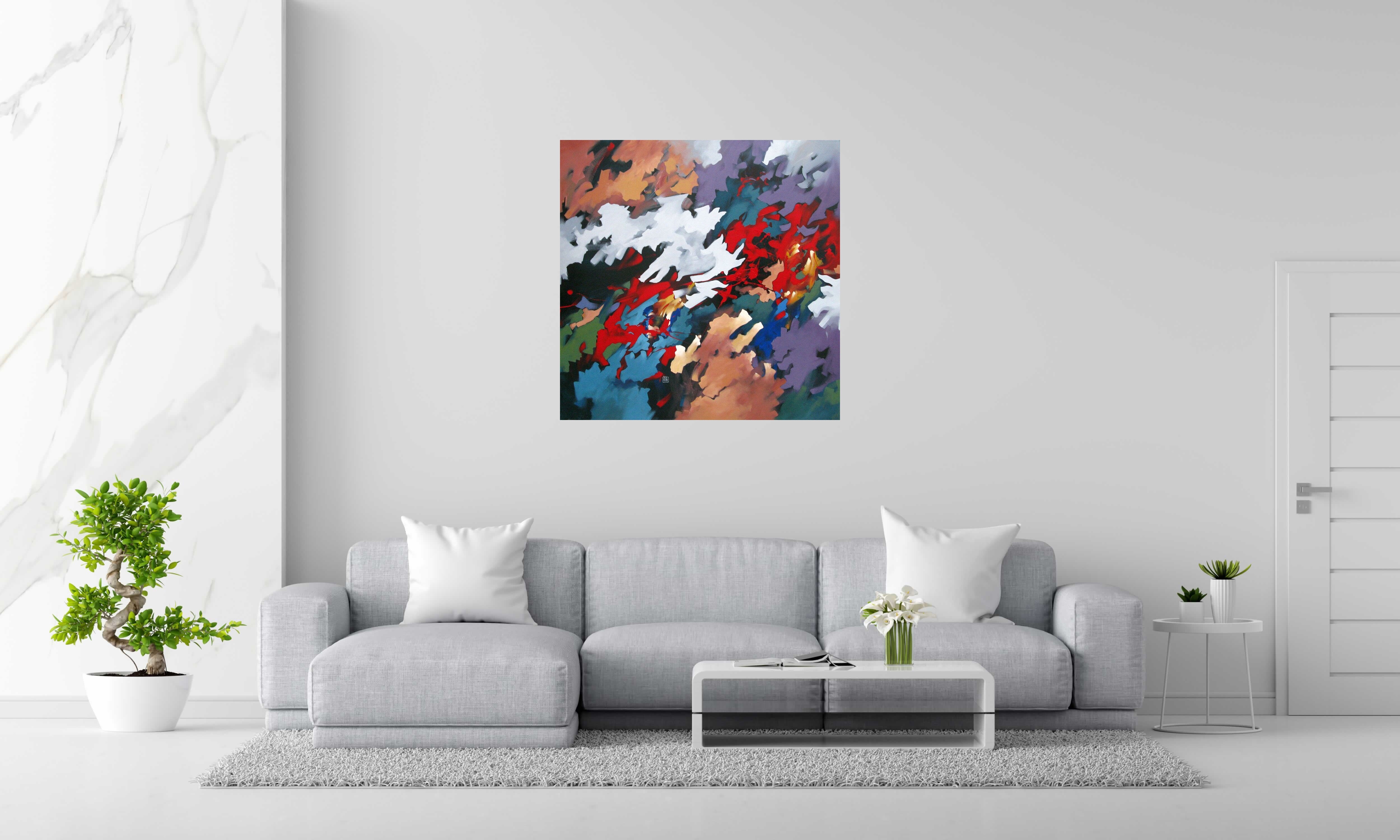 Peinture PEINTURE ABSTRAITE 81 de BRUNEAU dans un intérieur – 100 × 100 cm