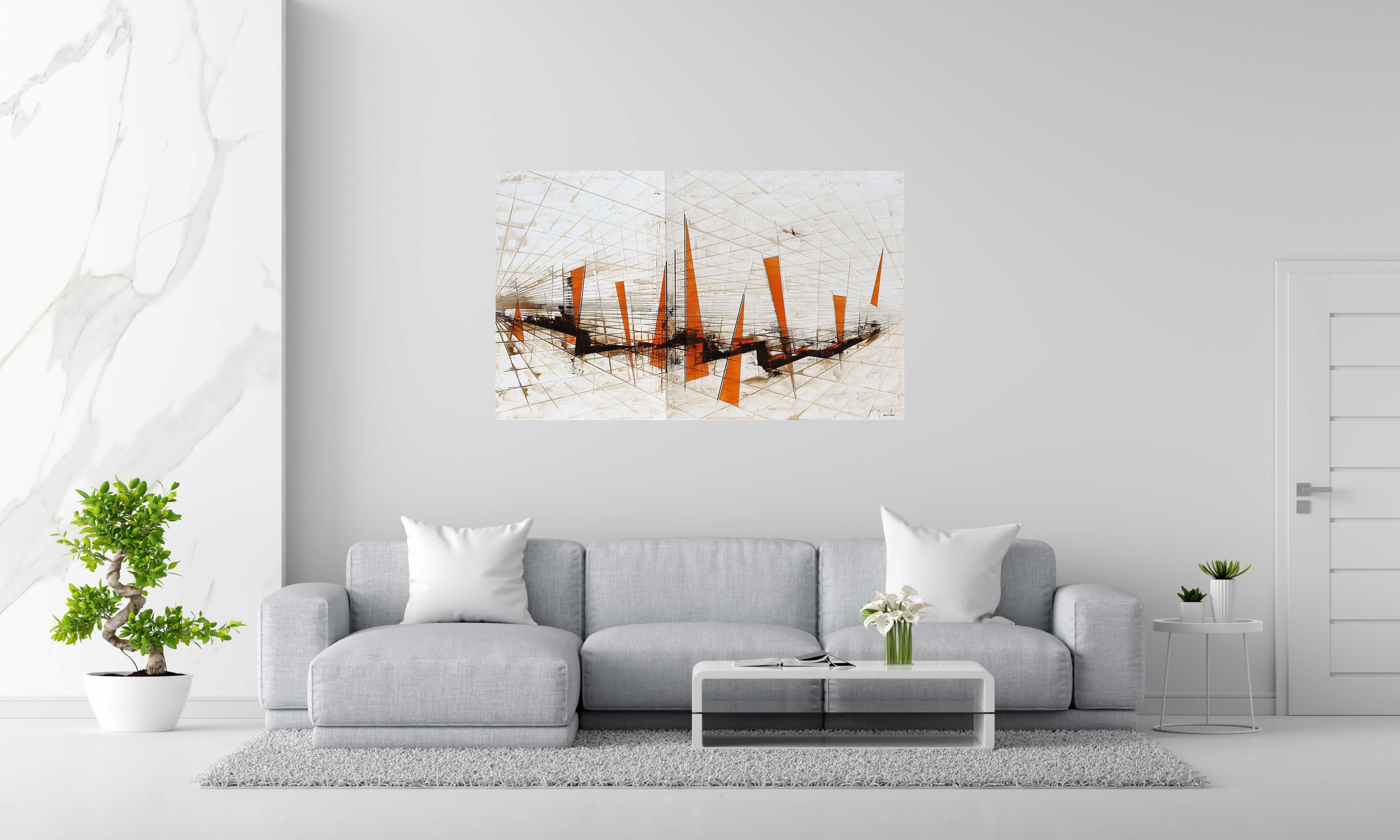 Peinture UPSIDE DOWN de LUDOVIC MERCHER dans un intérieur – 89 × 146 cm