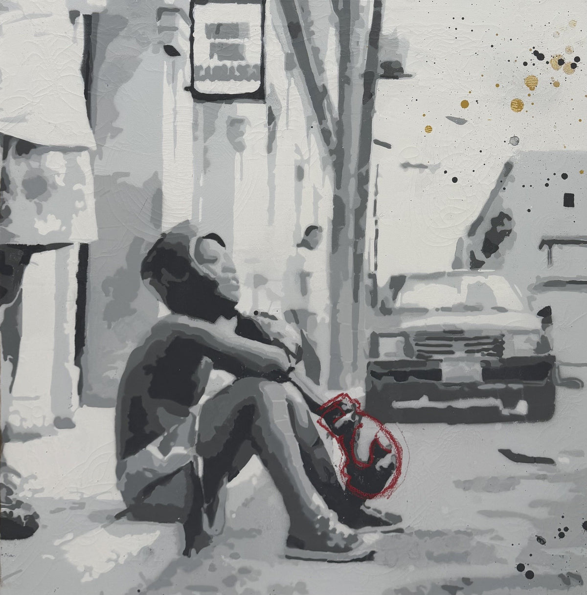 Peinture street art aérosol et pochoir gris et rouge sur toile, Boxeur trottoir de MISS FUCK, 80 x 80 cm