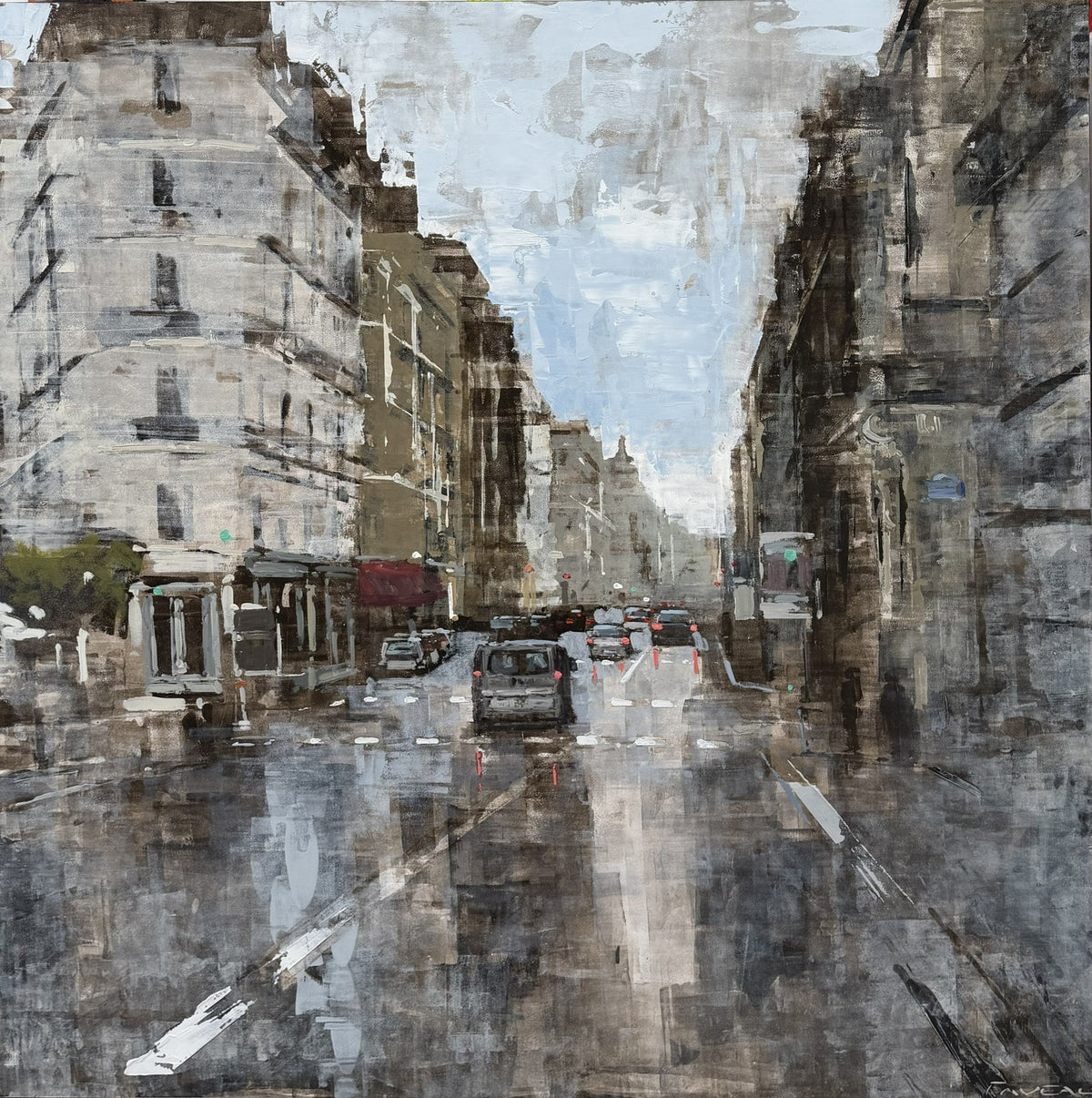 Peinture à l'huile sur bois de grand format signée Adrien Faveau, intitulée Matinée Parisienne, 100 x 100 cm