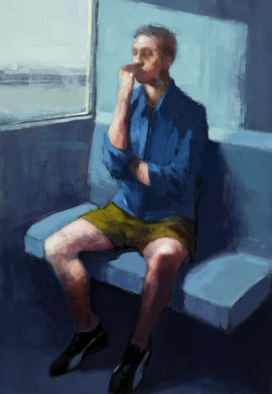 Peinture figurative format xxl bleu Travelogue – OLIVIER MASSEBEUF – 116 × 89 cm