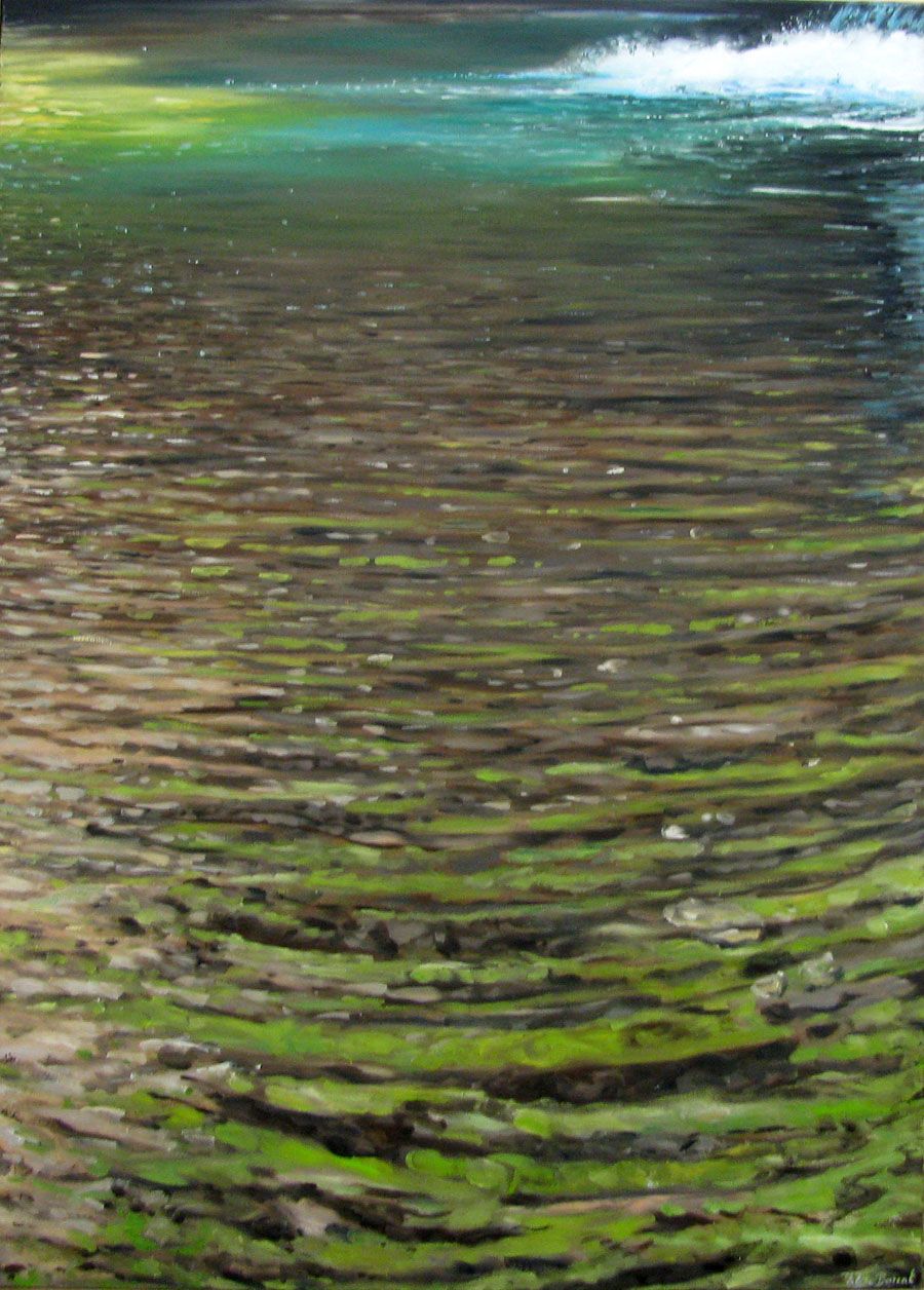 Peinture figurative format xxl marron et vert CASCADE DU HERISSON – ELISE BARAT – 130 × 89 cm