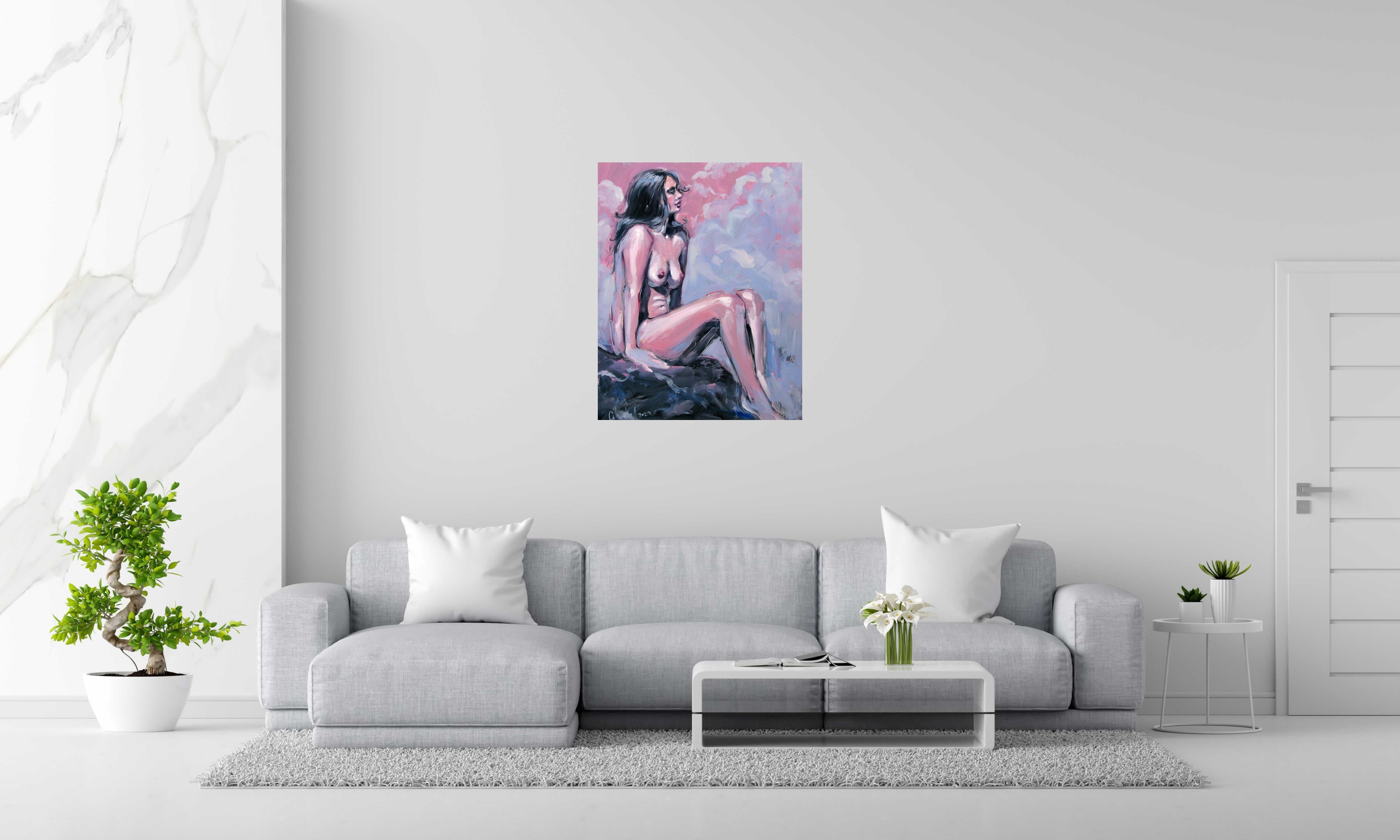 Peinture REVE ROSE de OLENA SINIUHINA dans un intérieur – 73 × 92 cm