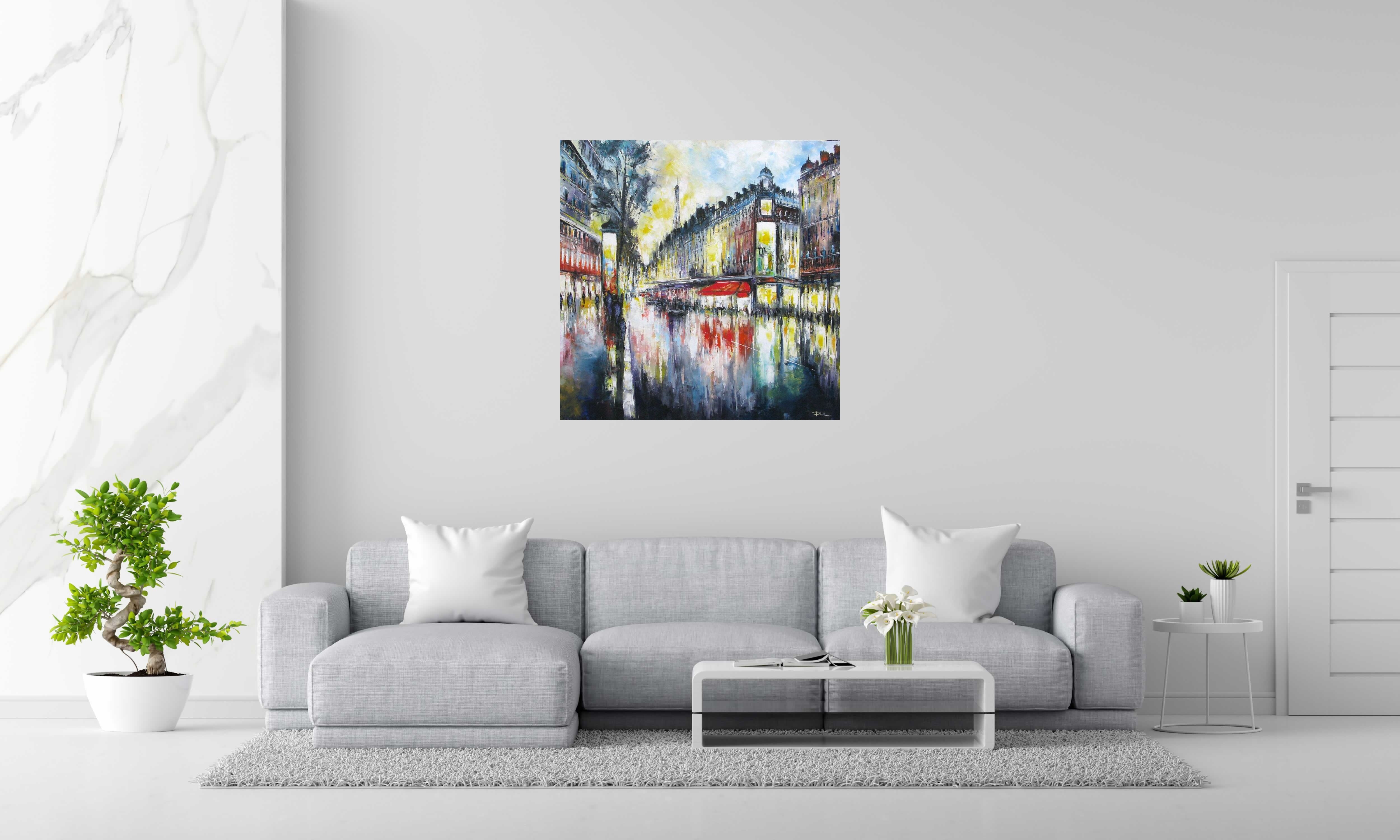Peinture Boulevard Haussmann, Paris de PHIL dans un intérieur – 100 × 100 cm