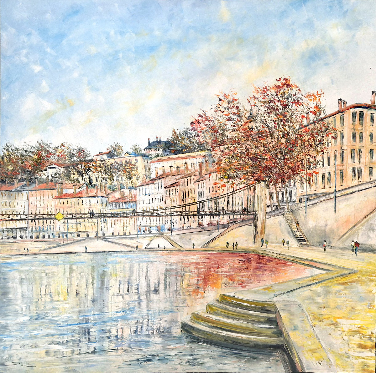 Peinture figurative format xxl rose La Saône, Lyon I – PHIL – 100 × 100 cm