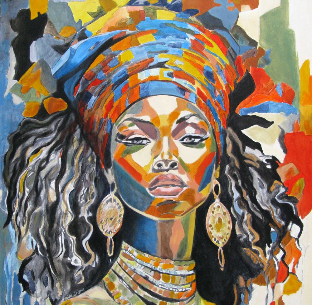 Peinture figurative grand format bleu et brun Afrika – EMILIE CREPIN – 80 × 80 cm