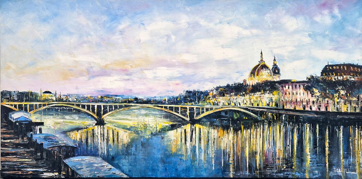 Peinture figurative grand format bleu Pont Wilson, Lyon – PHIL – 120 × 60 cm