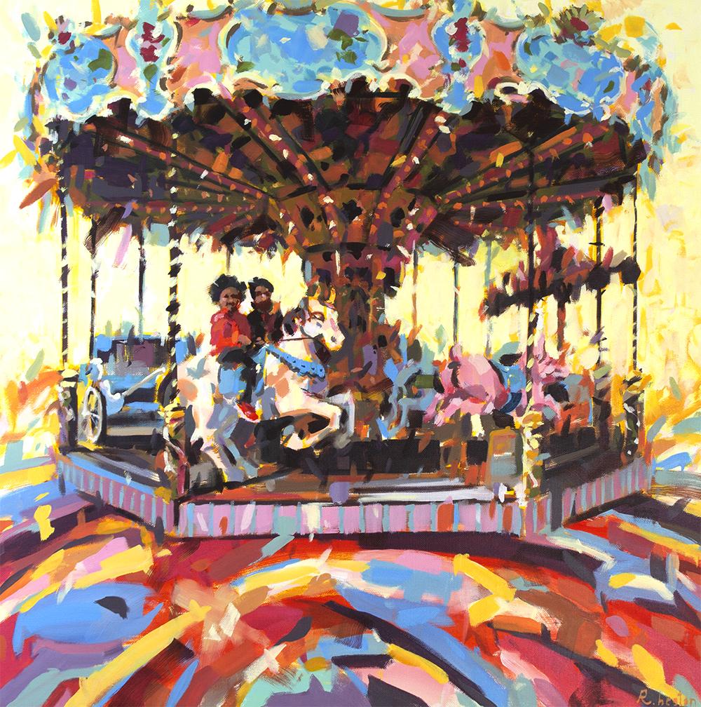 Peinture figurative grand format Manege et cheval – HEATON RUDYARD – 80 × 80 cm