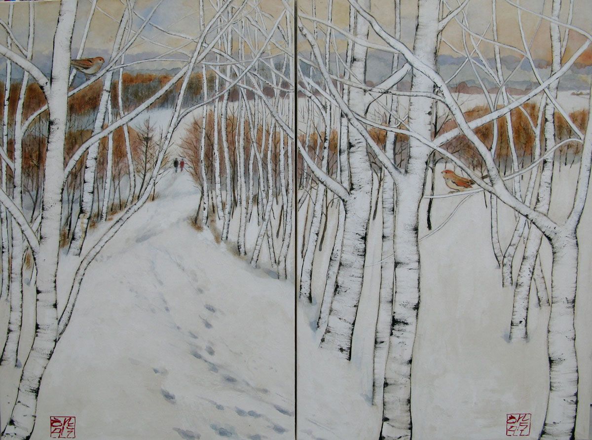 Peinture figurative grand format Dyptique - Deux oiseaux dans les bouleaux – JEONG MIN LEE – 120 × 92 cm