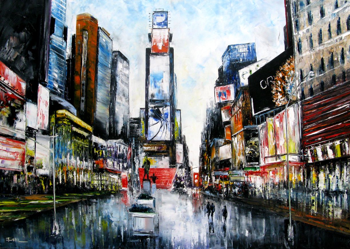 Peinture figurative grand format mauve Au centre de Time Square – PHIL – 116 × 81 cm