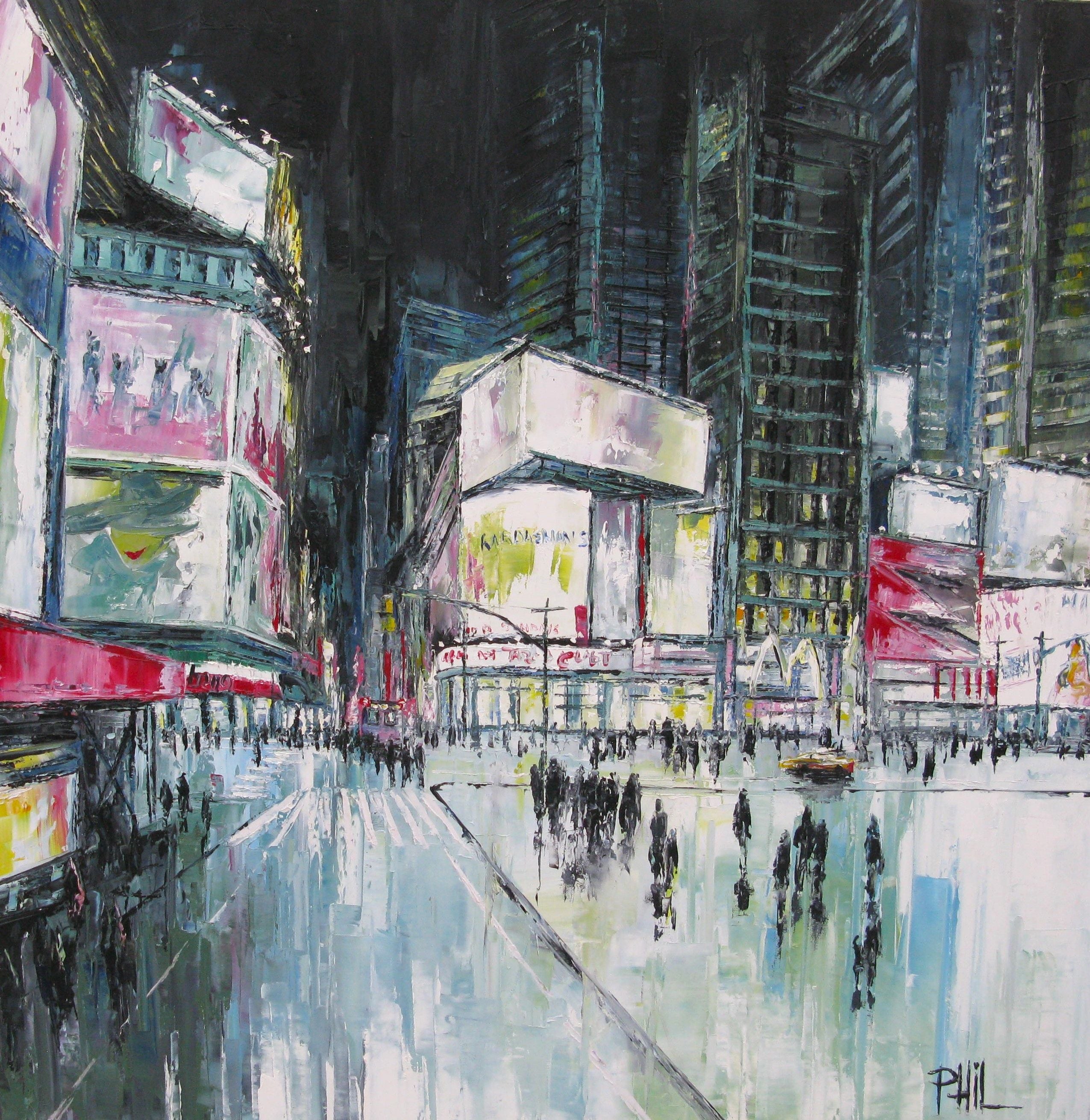 Peinture figurative grand format Evening Times Square – PHIL – 90 × 90 cm