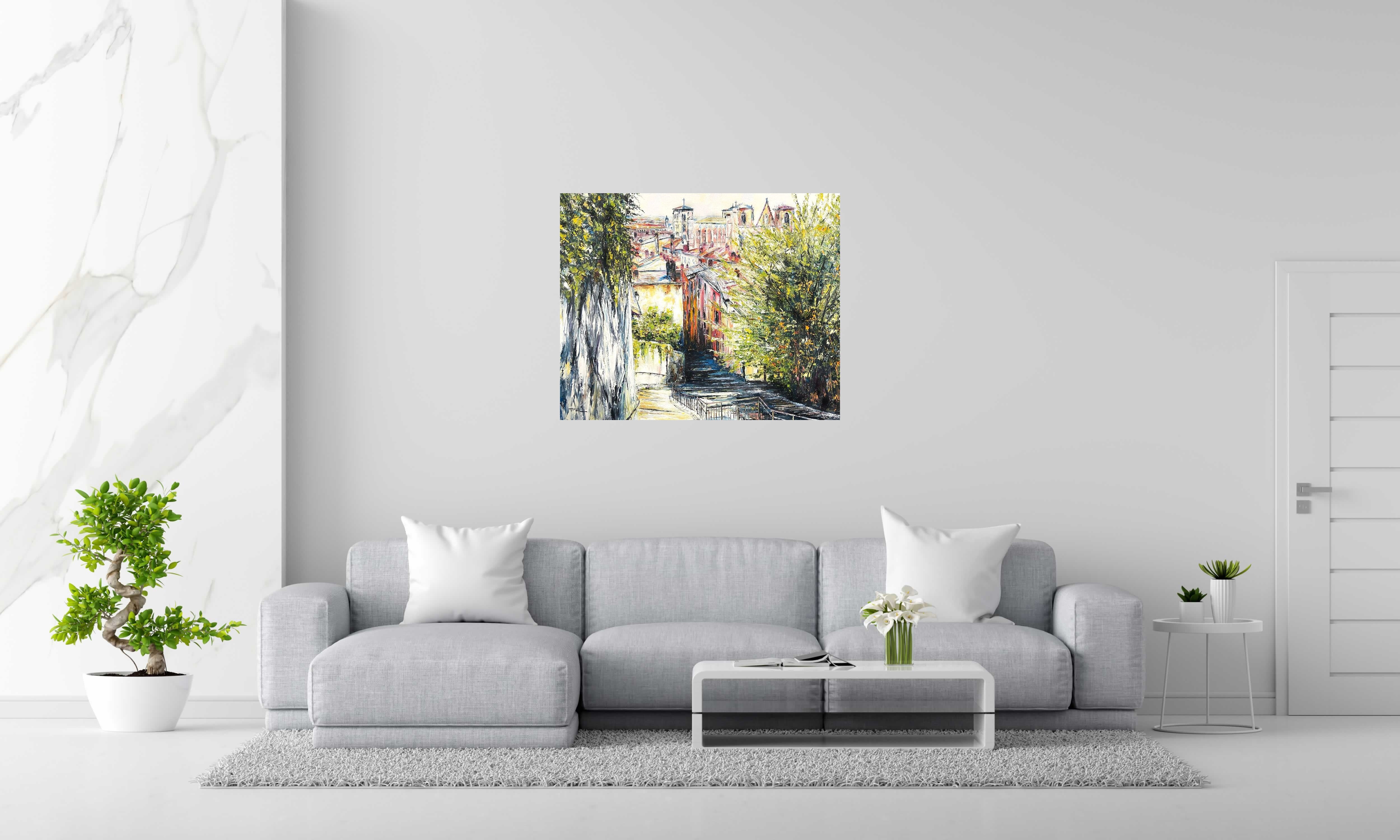 Peinture Vue sur Lyon de PHIL dans un intérieur – 100 × 81 cm