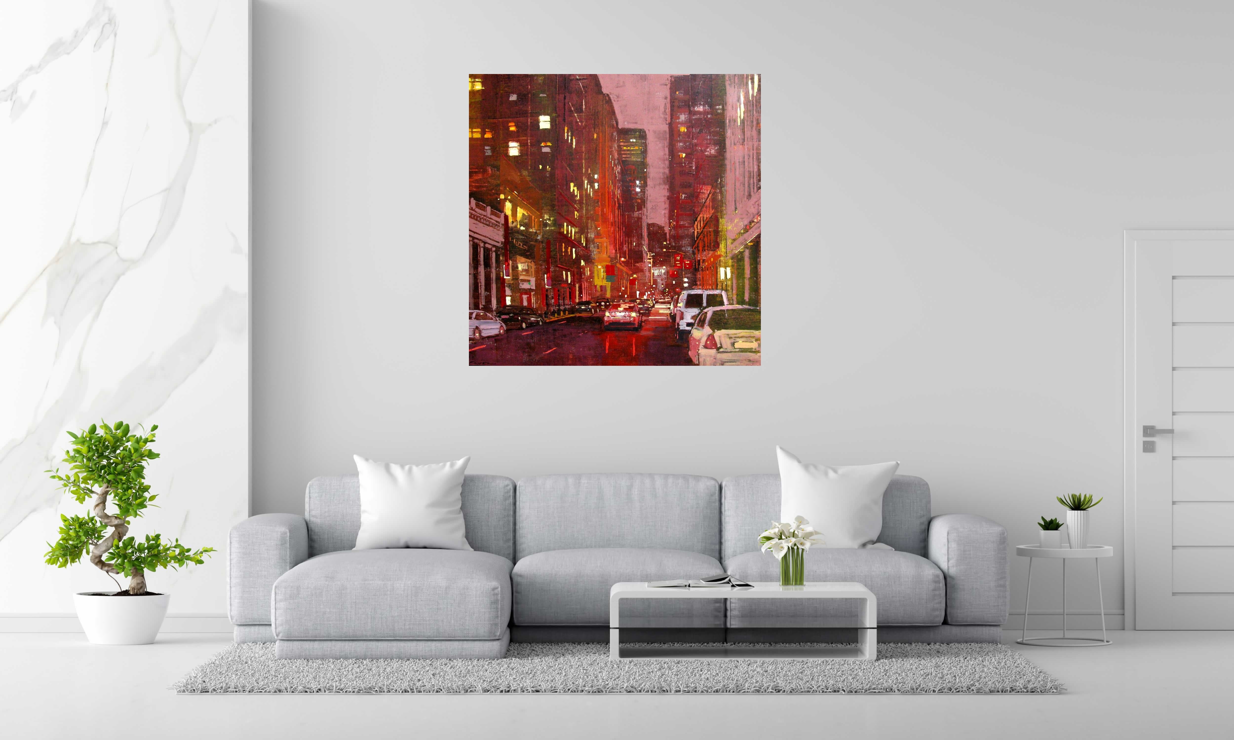 Peinture San Fransisco Montgomery St de ADRIEN FAVEAU dans un intérieur – 120 × 120 cm