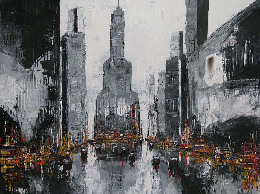 Peinture figurative grande taille blanc et noir GREY MANHATTAN 3 – F. BOUTET – 97 × 130 cm