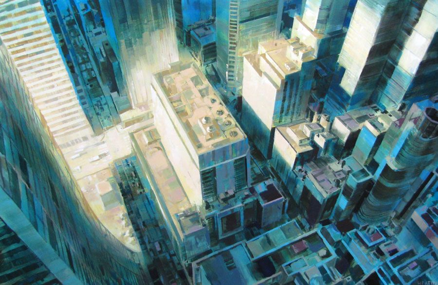 Peinture figurative grande taille bleu et vert GREEN SKYLINE – HEATON RUDYARD – 114 × 146 cm