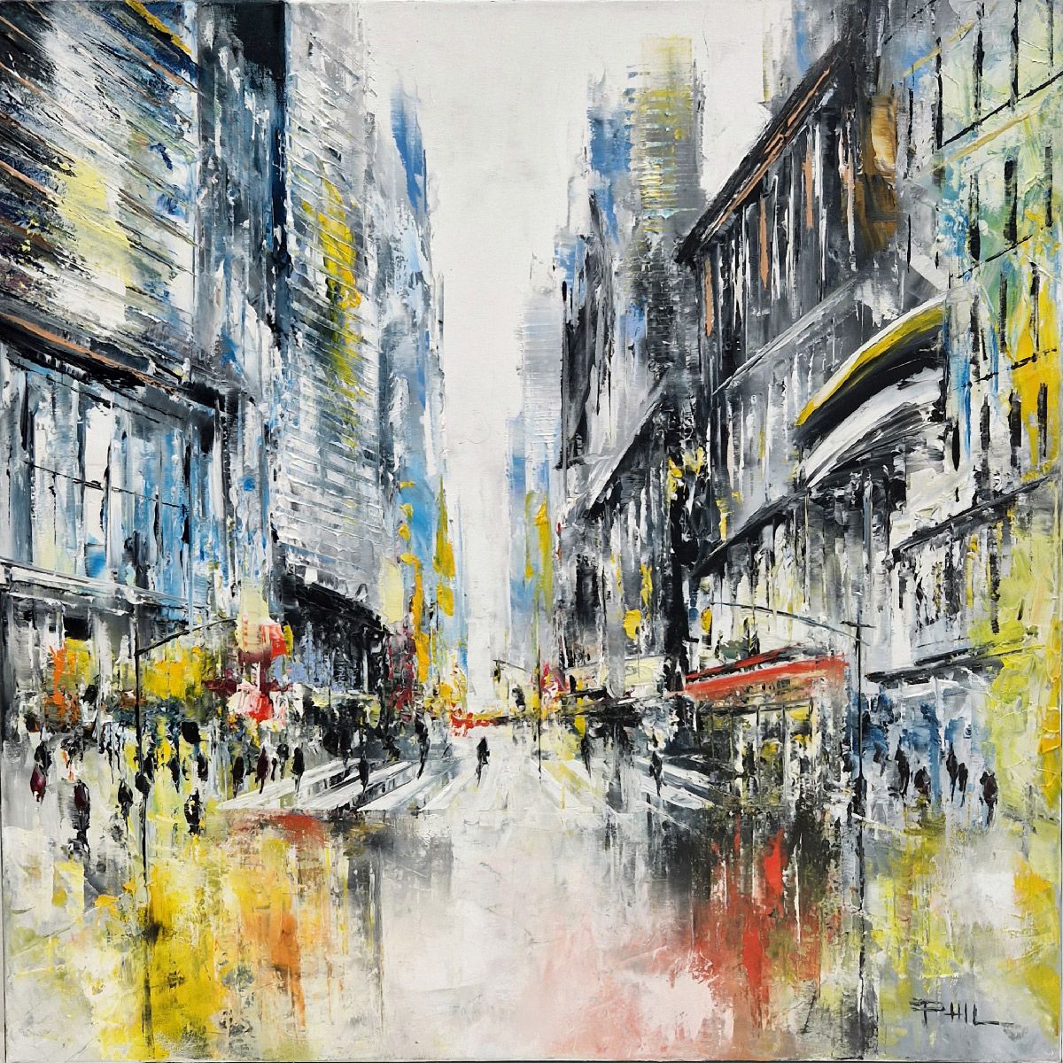 Peinture figurative moyen format bleu Avenue NY – PHIL – 60 × 60 cm