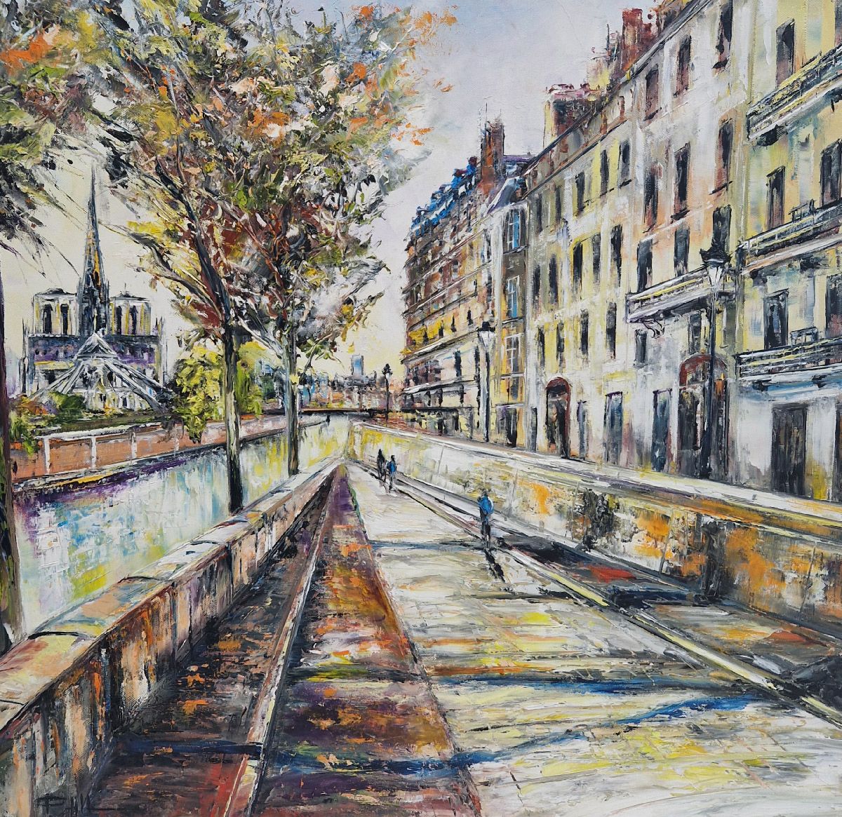 Peinture figurative moyen format bleu Sur les berges de Paris – PHIL – 60 × 60 cm