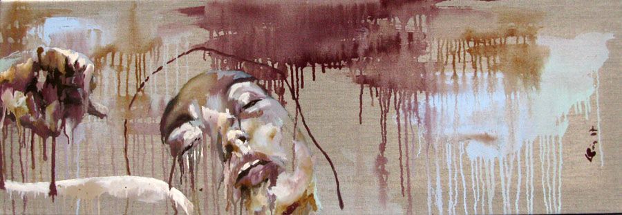 Peinture figurative moyen format marron JOUISSANCE – DAMIEN LEGRAIN – 90 × 30 cm