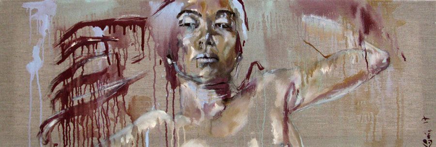 Peinture figurative moyen format marron MASQUE – DAMIEN LEGRAIN – 90 × 30 cm