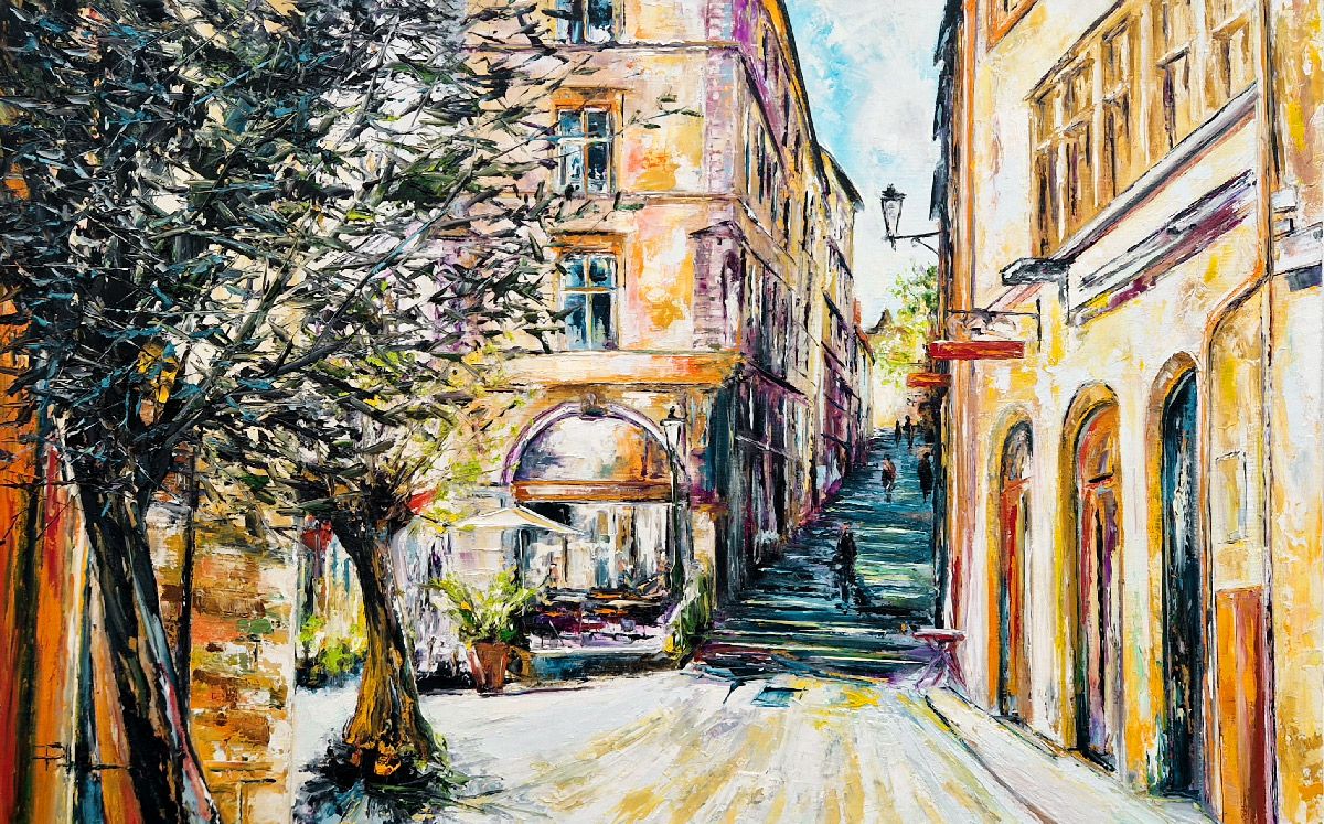 Peinture figurative moyen format Place de la Trinité _ Lyon – PHIL – 92 × 65 cm