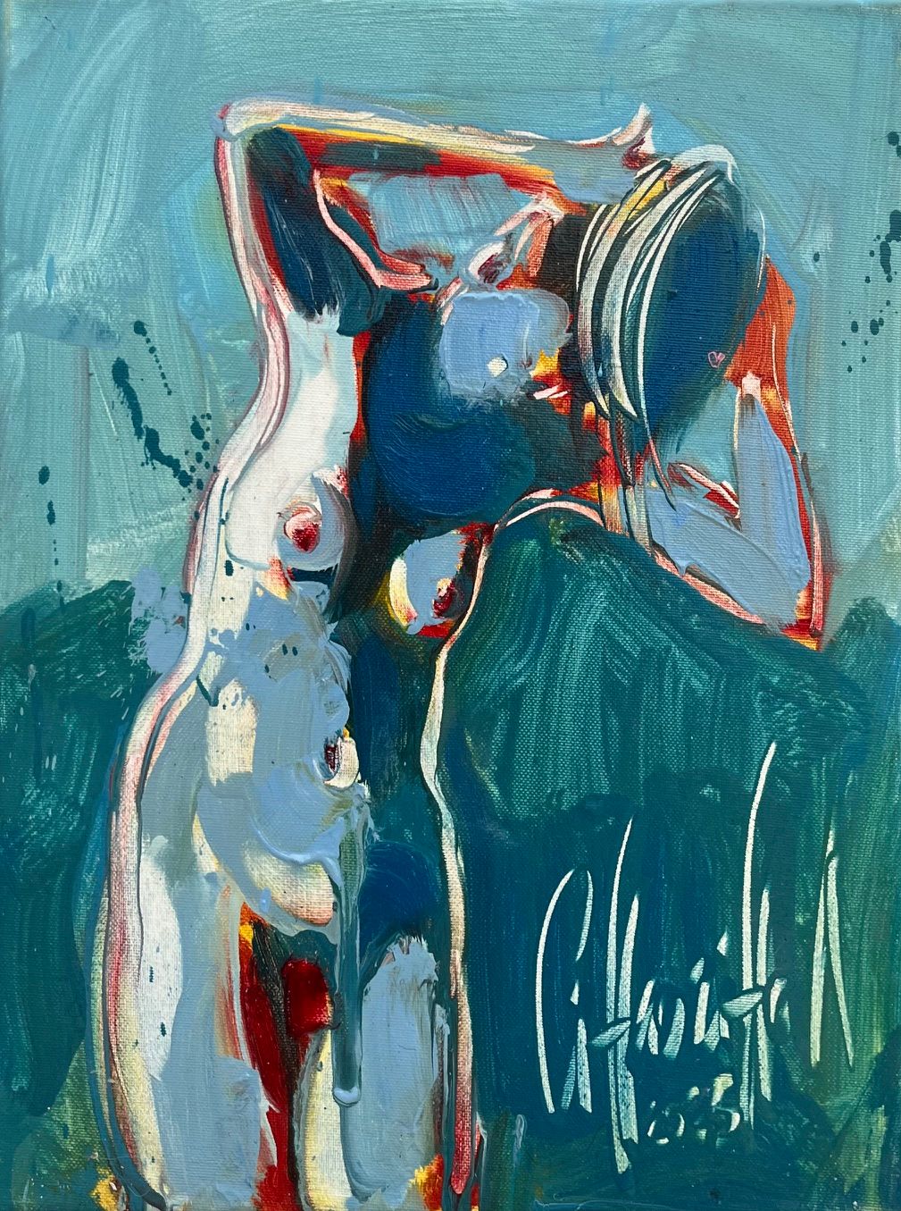 Peinture figurative petit format bleu et rose L'instant 22 – OLENA SINIUHINA – 40 × 30 cm