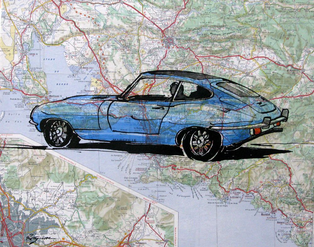 Peinture figurative petit format JAGUAR TYPE E – CYRIL REGUERRE – 41 × 33 cm