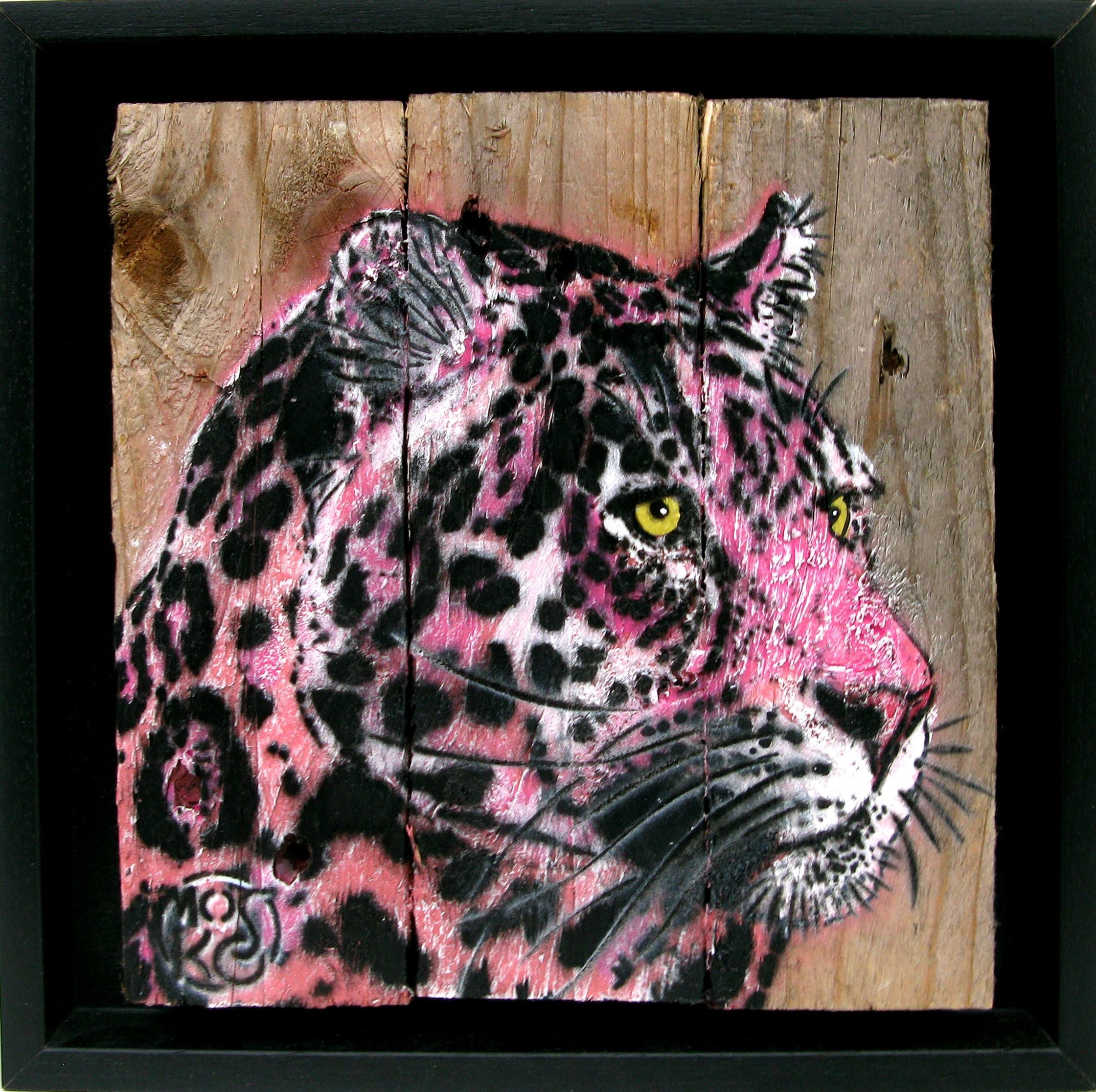 Peinture figurative petit format noir et rose LEOPARD ROSE – MOSKO – 20 × 20 cm