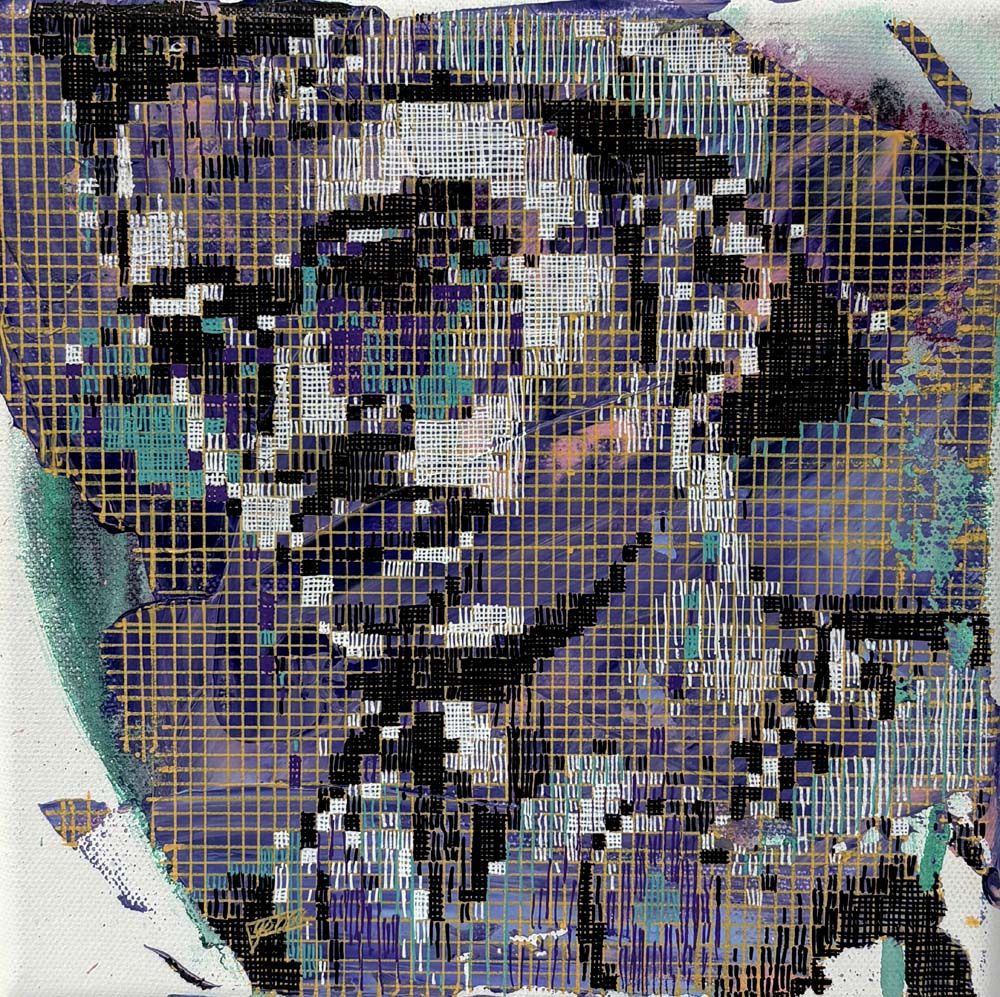 Peinture figurative petit format vert et violet Série réappropriation humaine : musique urbain #2 – NICOLAS JESBAC – 20 × 20 cm