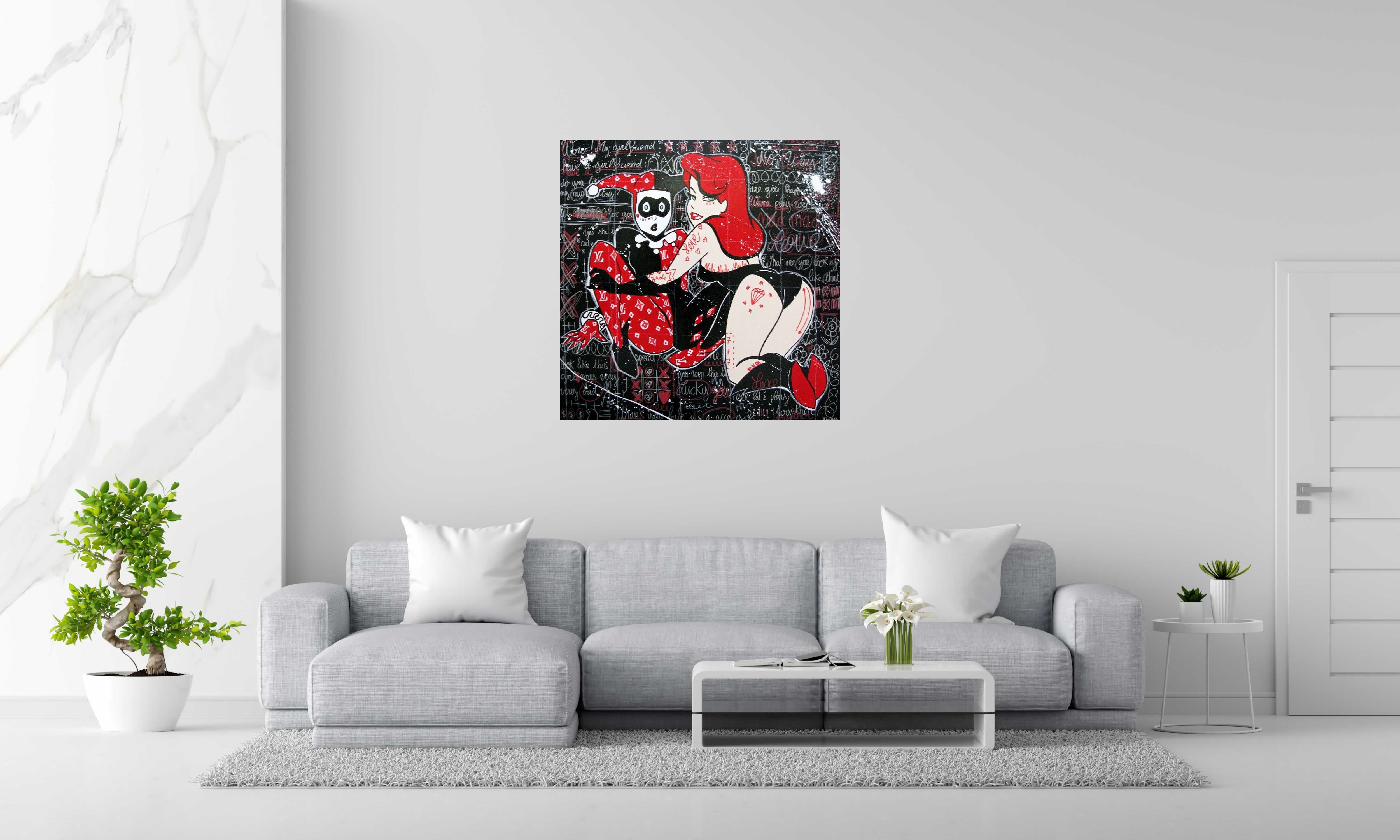Peinture MY GIRLFRIEND HAVE A GIRLFRIEND de ONIZBAR dans un intérieur – 100 × 100 cm