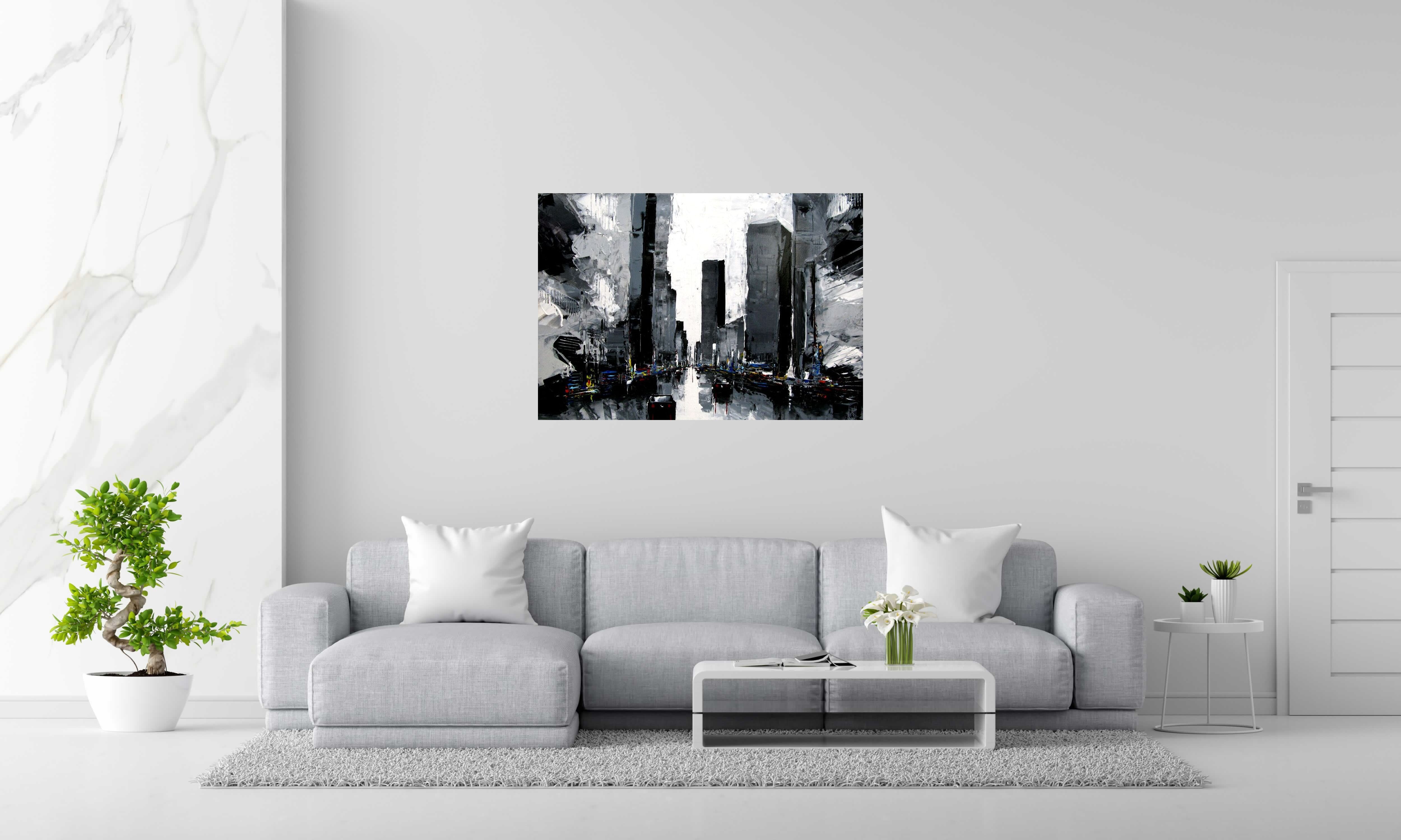 Peinture PAYSAGE URBAIN III de F. BOUTET dans un intérieur – 81 × 116 cm