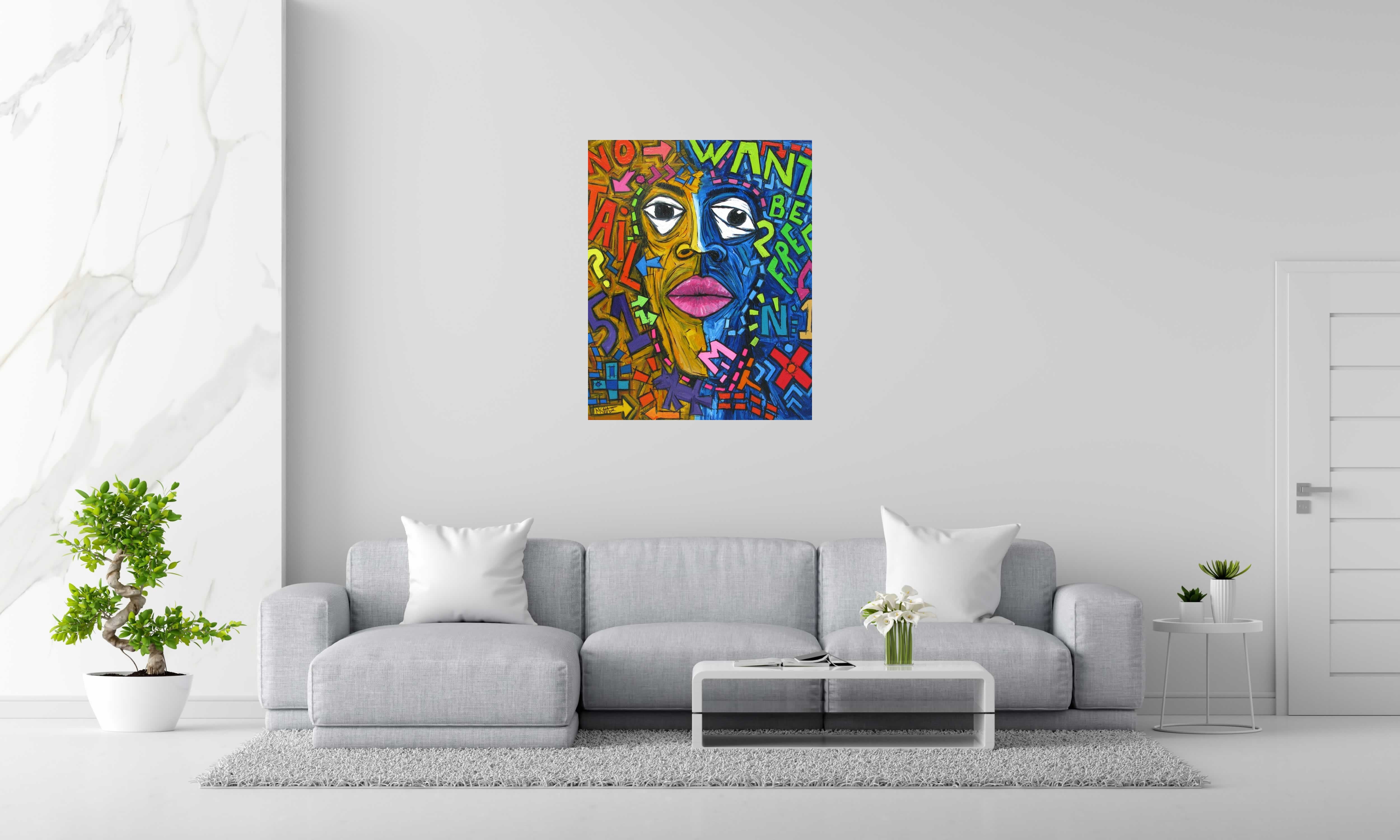 Peinture J'AI 51 ANS de MICHADU dans un intérieur – 100 × 80 cm
