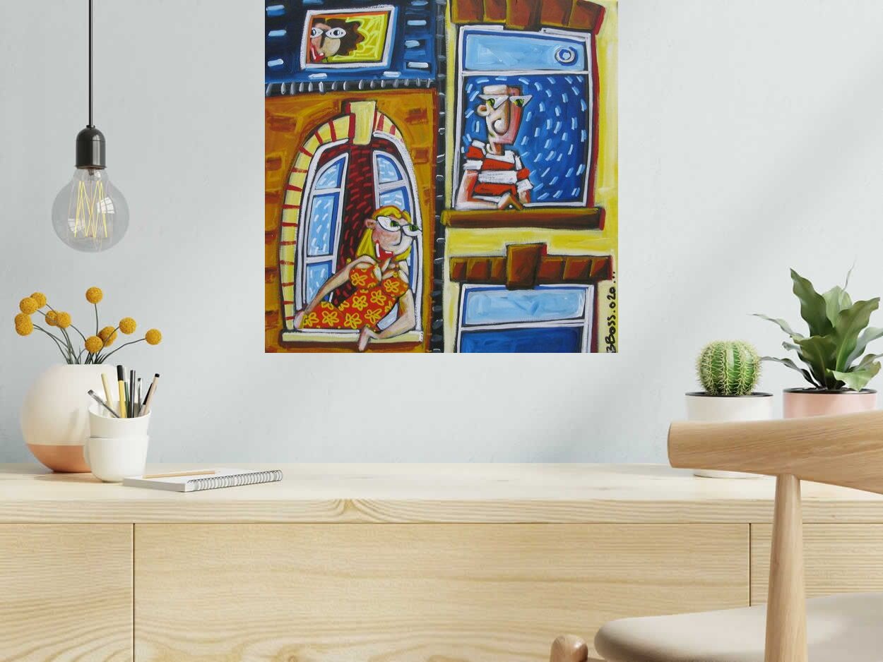 Peinture VOISINS/VOISINES de B BOSS dans un intérieur – 50 × 50 cm