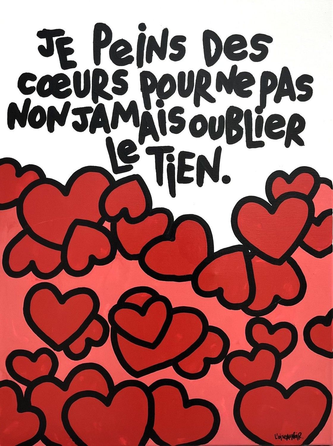 Peinture graphique moyen format blanc et noir Je peins des coeurs – L'OISEAU NOIR – 60 × 81 cm