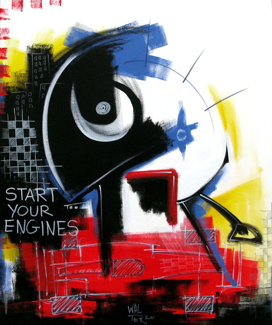 Peinture graphique moyen format START YOUR ENGINES – WALTER – 73 × 60 cm