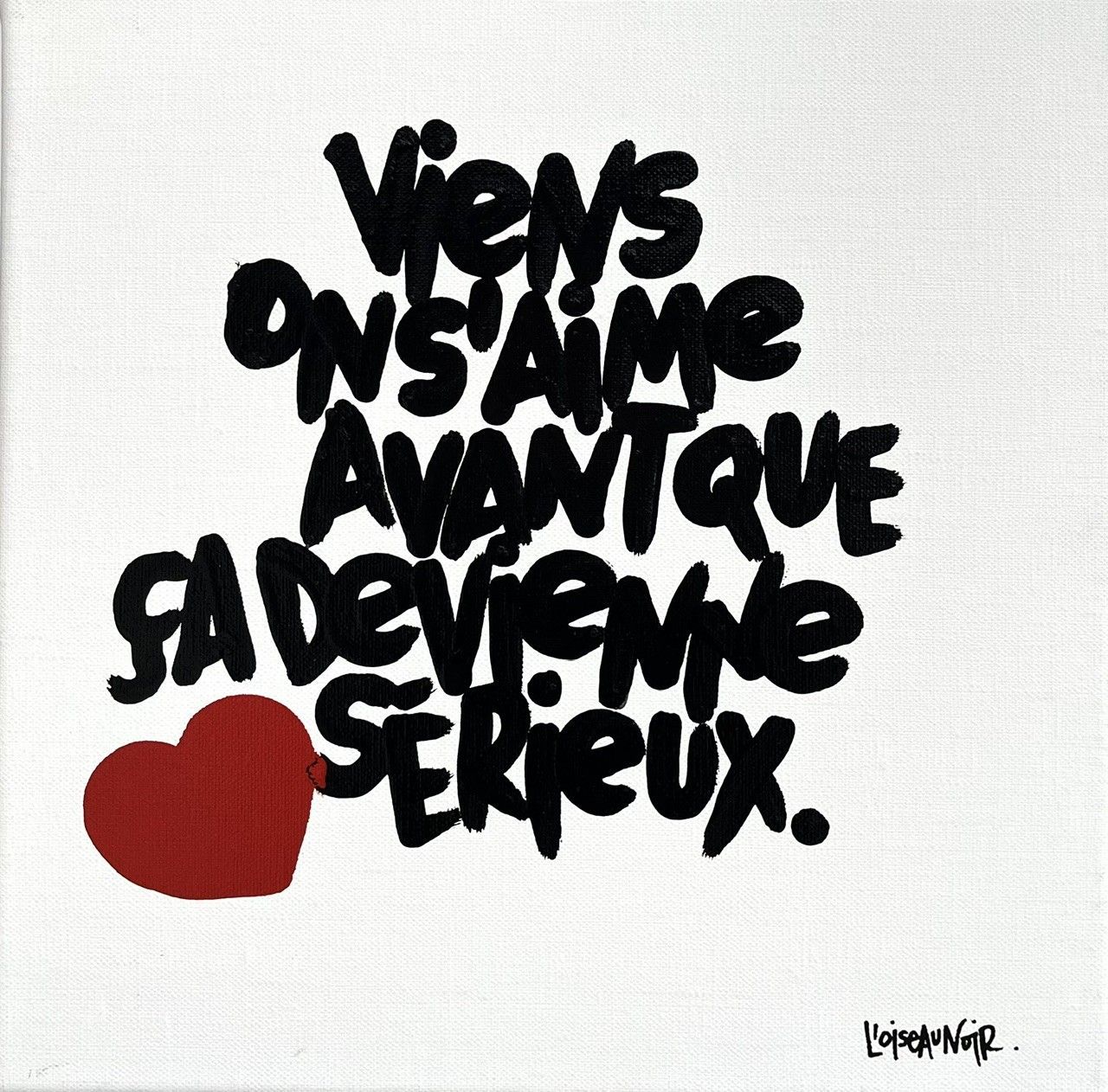 Peinture graphique petit format blanc et noir Serieux – L'OISEAU NOIR – 30 × 30 cm