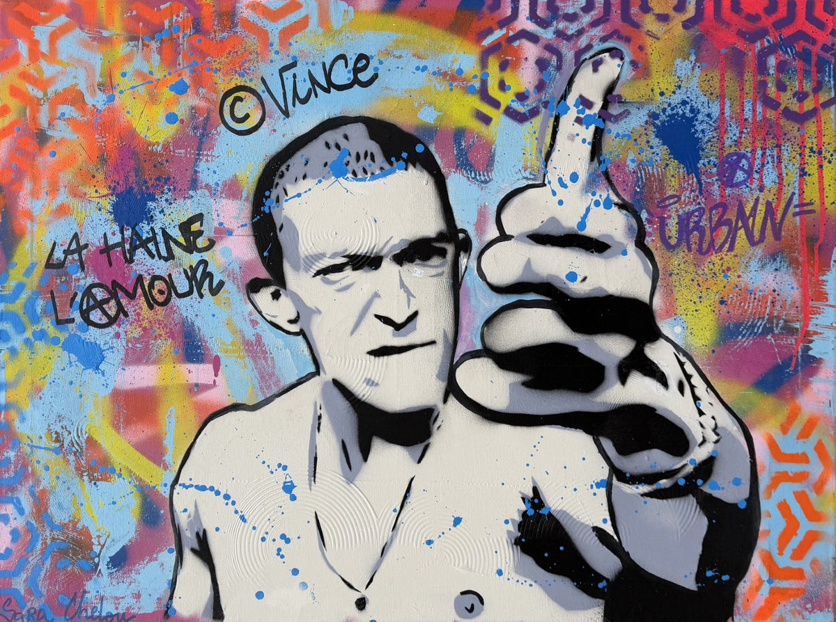 Peinture en techniques mixtes sur toile de Sara Chelou, La Haine, street art et pop art multicolore, 81 x 60 cm