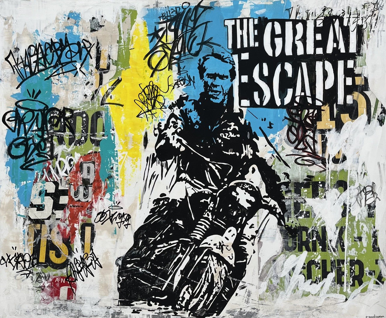 Peinture en technique mixte street art noir et blanc de Patricia Gadisseur, The Great Escape, 120 x 100 cm