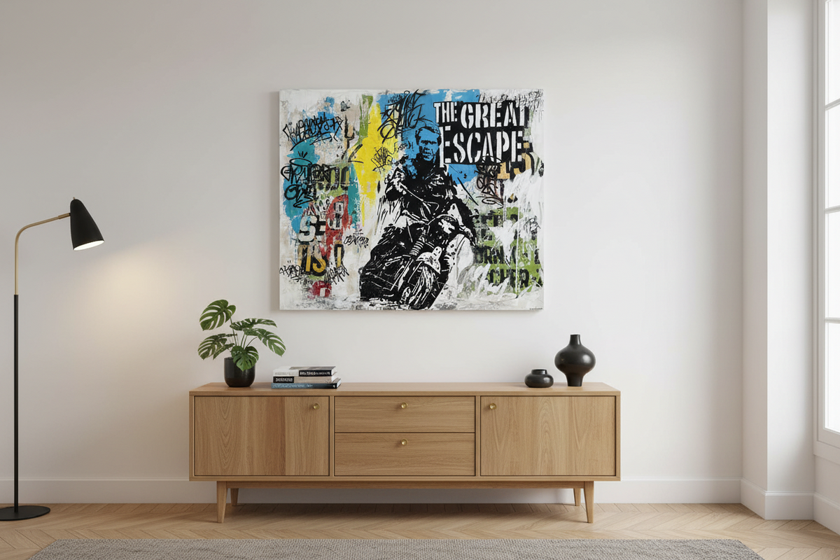 Peinture The Great Escape de PATRICIA GADISSEUR pour salon moderne – 120 × 100 cm