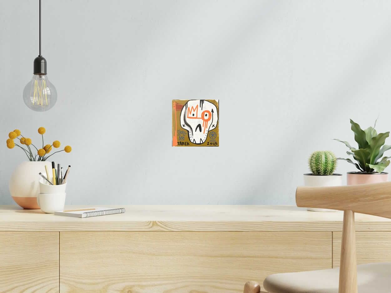Peinture SKULL OCRE de TAREK dans un intérieur – 15 × 15 cm