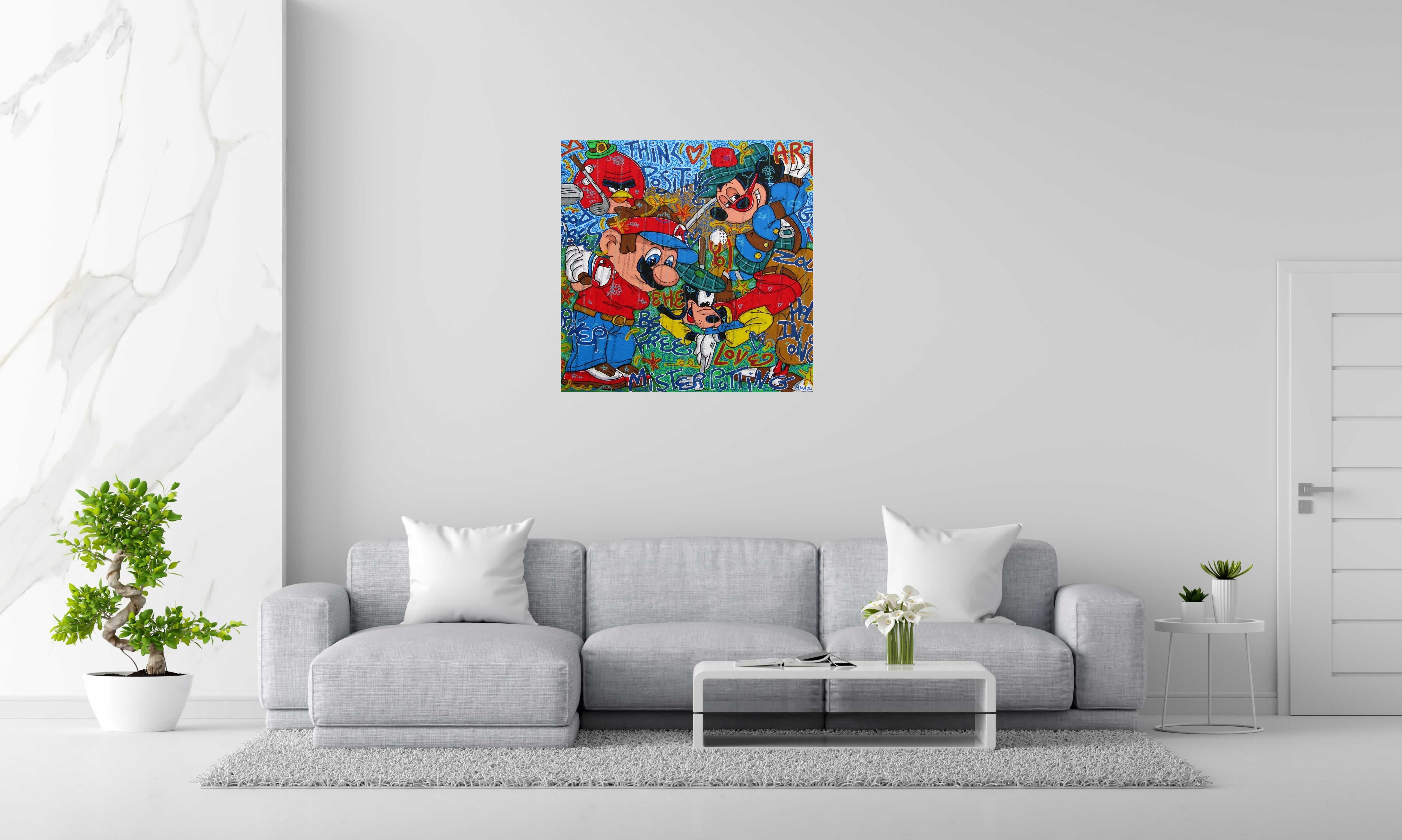 Peinture Mister putting de RICO SAB dans un intérieur – 100 × 100 cm