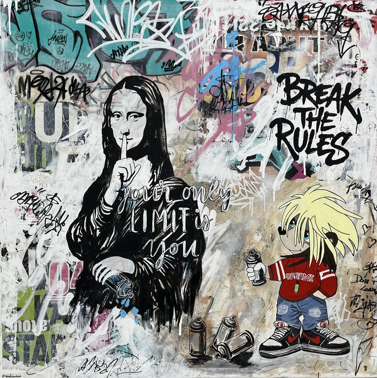 Peinture street art grand format blanc et noir Break the Rules – PATRICIA GADISSEUR – 100 × 100 cm