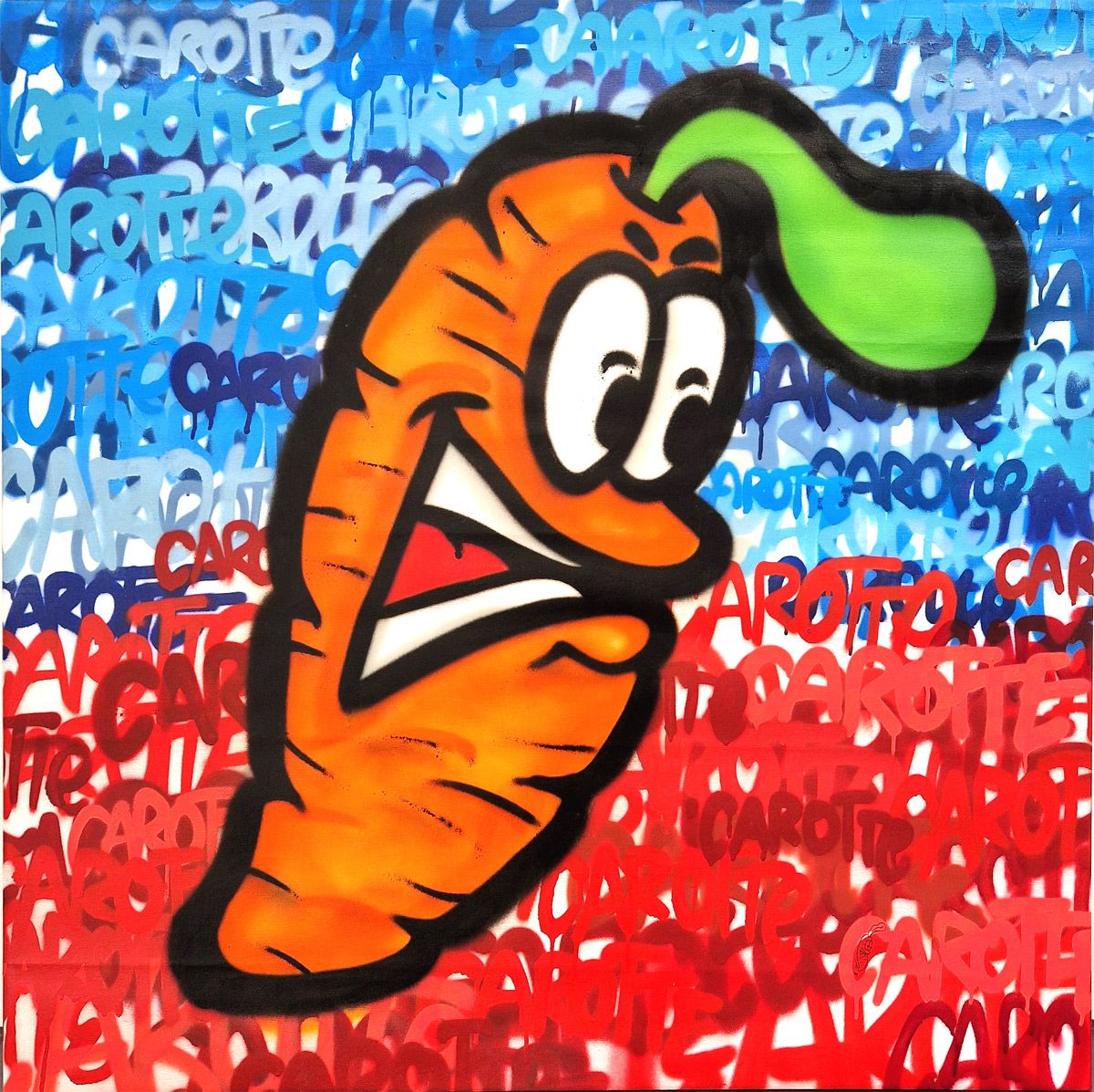 Peinture street art grand format Le gout de la Carotte dans t'as street – Carotte – 100 × 100 cm
