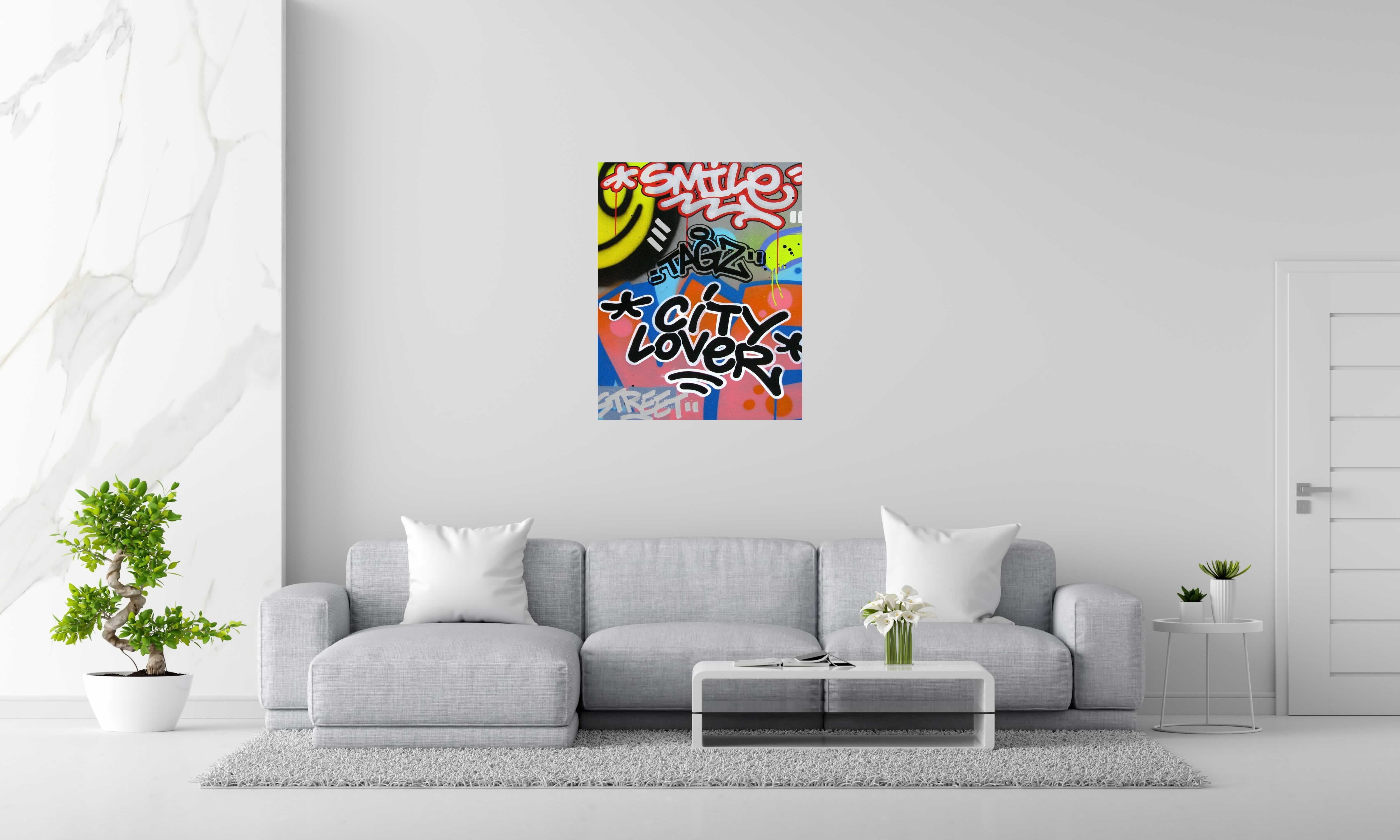 Peinture CITY LOVER de KENY dans un intérieur – 92 × 73 cm